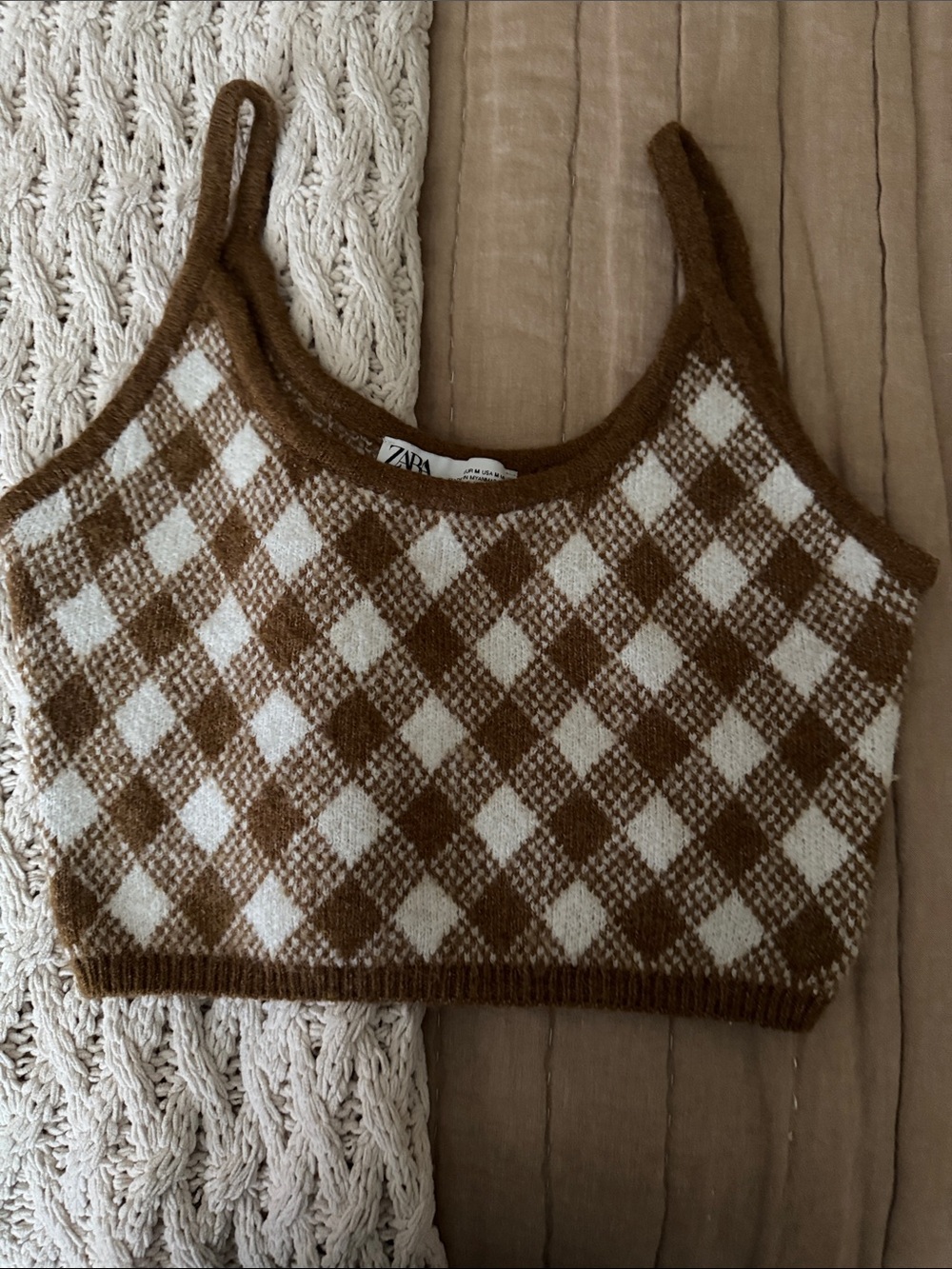Zara Brown & Cream Argyle Knit Crop Top